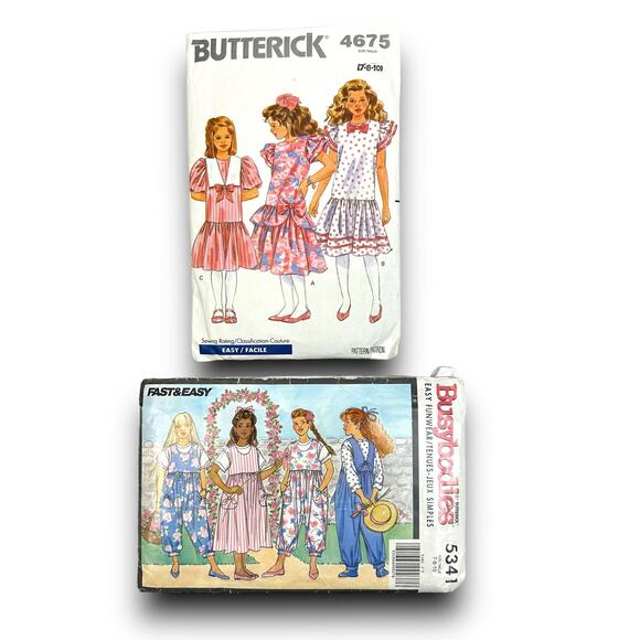 Vtg 90s Butterick 4675 & 5341 Easy Sewing Patterns Girls Dresses Rompers Uncut - Picture 1 of 7